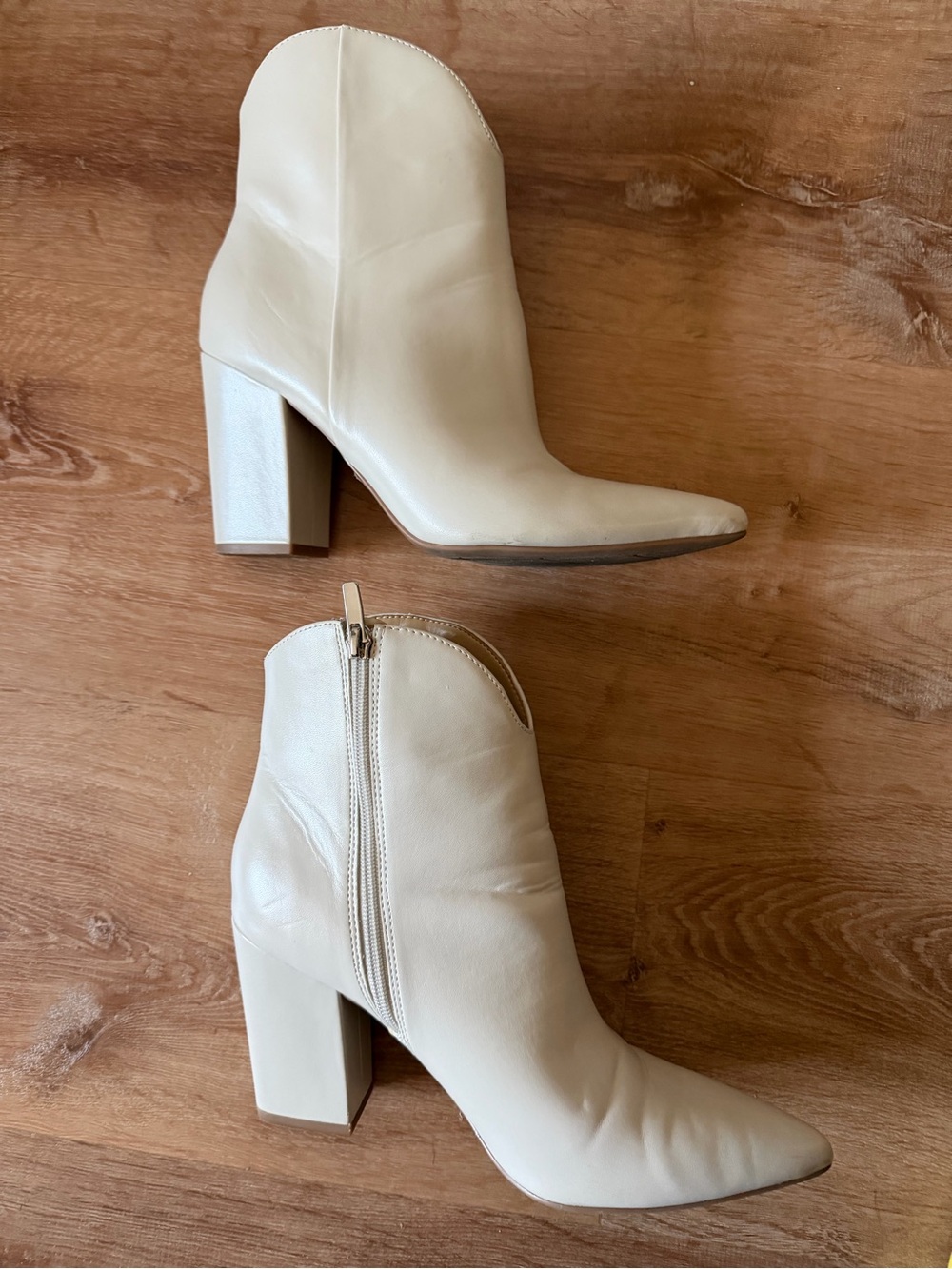 Nine West Cream Leather Block Heel Ankle Boots